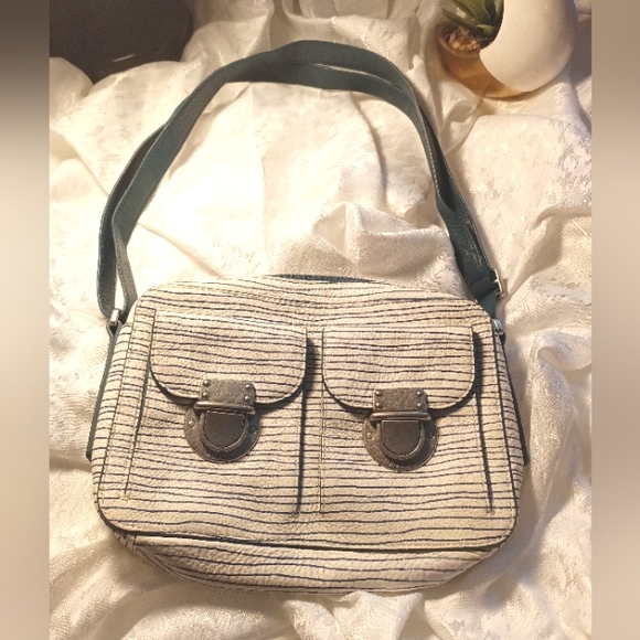 Fossil Handbags - Fossil Riley Crossbody Leather purse white and blue stripes